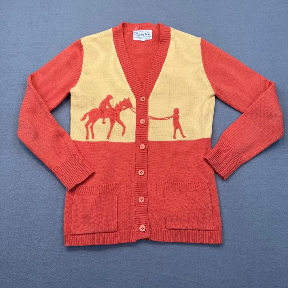 Country Set Cardigan Womens Small Vintage Equestrian Colorblock Retro Knit